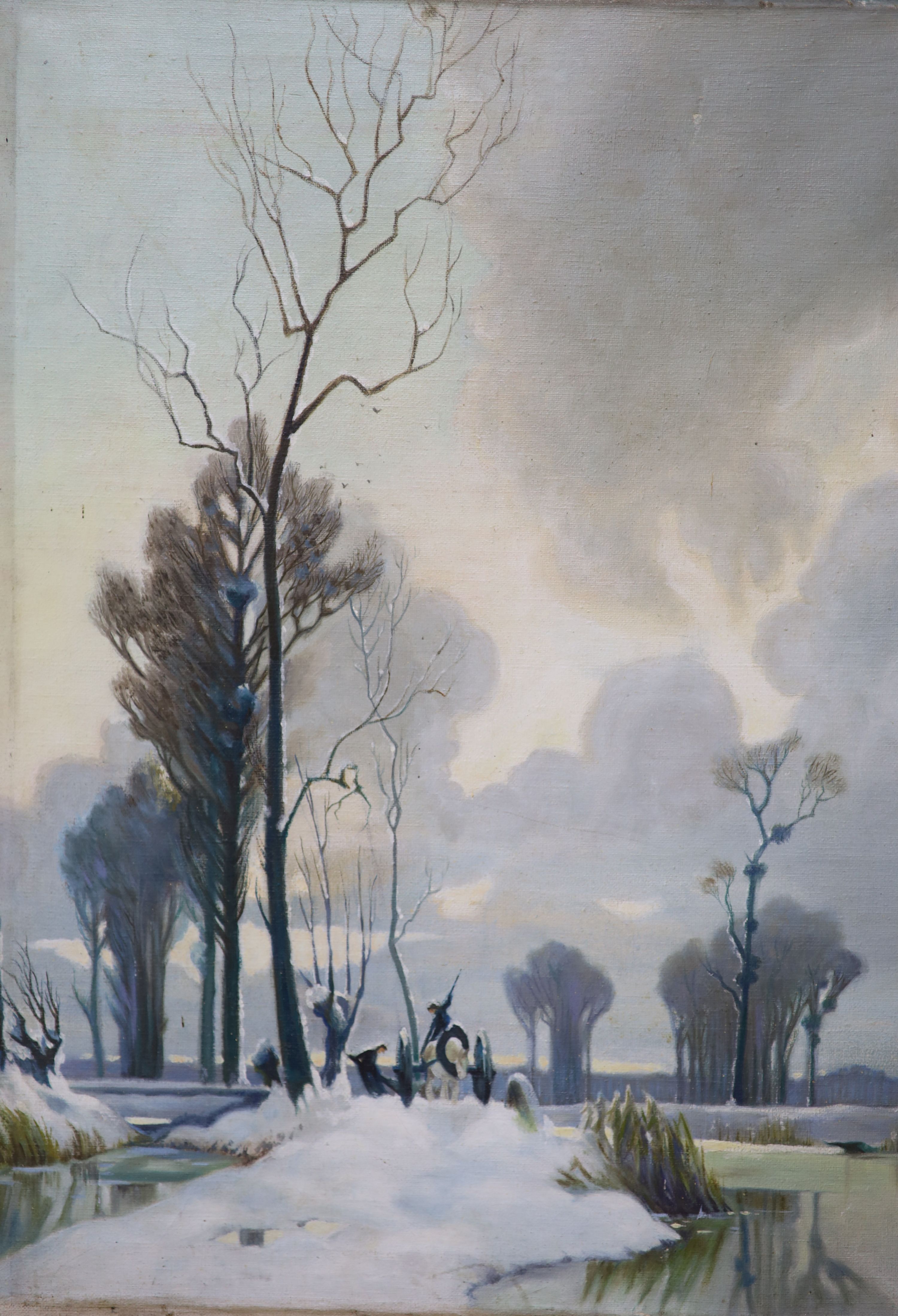 Attributed to Alexandre Jacob (1876-1972), oil on canvas laid on board, Carters in a winter landscape, 61 x 45cm. unframed.
